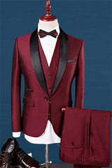 Newinlook Three-Piece Wine Red Shawl Lapel Dinner Tuxedo for Morning Wedding