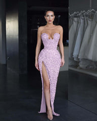 Strapless Sleeveless Long Mermaid Split Formal Dress With Sequins
