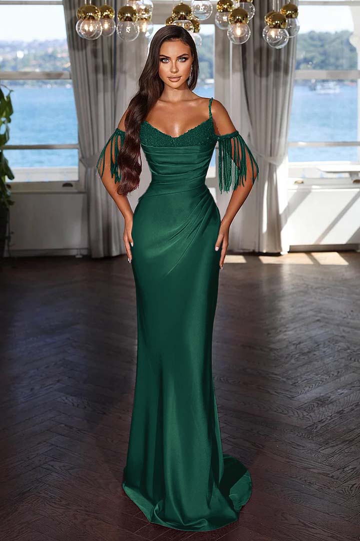 Newinlook Luxury Hot Pink Spaghetti Strap Mermaid Long Evening Dress With Chic Tassels and Sequins