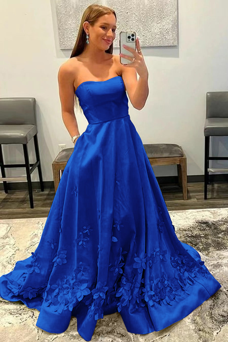 Newinlook Baby Blue Strapless Appliques Sleeveless Evening Dress