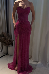Strapless Sleeveless Mermaid Long Formal Dress With Split Pleated