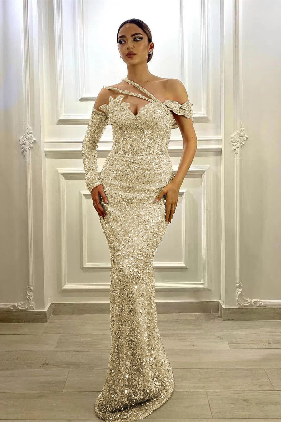 Gorgeous Long Sleeves One Shoulder Lavender Formal Dress Mermaid With Sequins