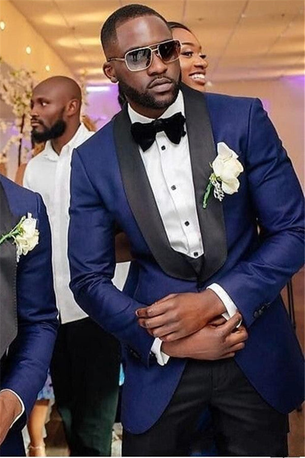 Newinlook Navy Blue Three-Piece Wedding Suit with Black Shawl Lapel for Men’s Parties