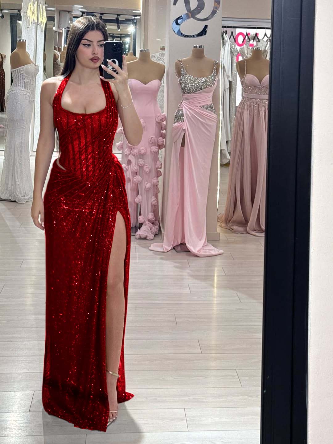 Sequins Halter Sleeveless Long Mermaid Formal Dress With Split