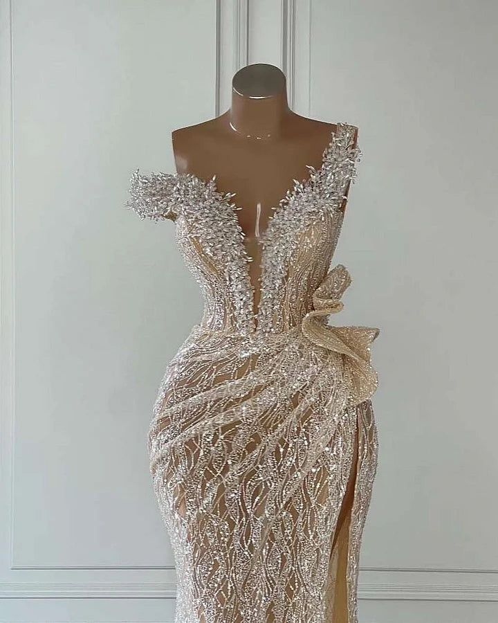 Sequins One Shoulder Sleeveless Long Mermaid Formal Dress With Split