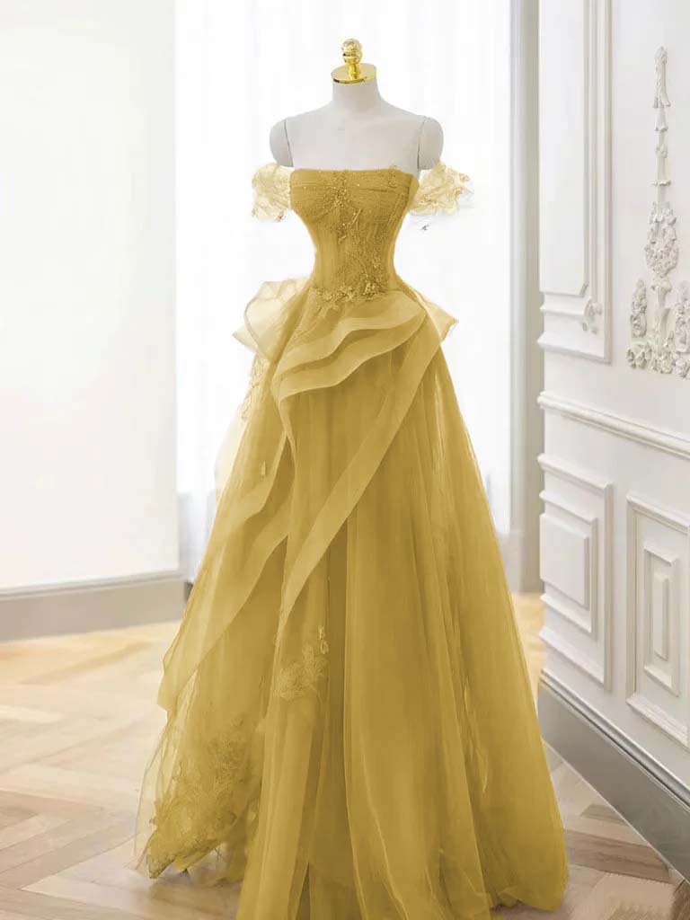 Tulle Off the Shoulder Sleeveless Long Formal Dress With Appliques