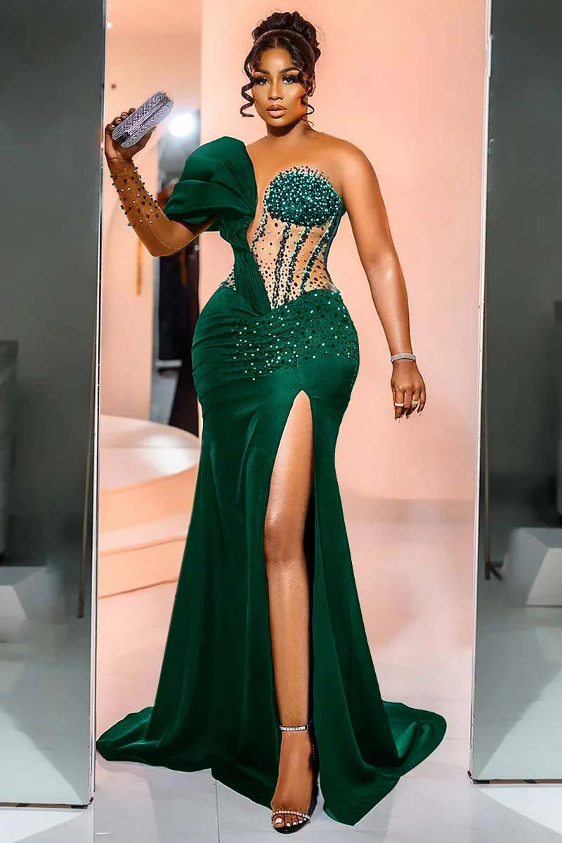 One Shoulder Long Sleeve Long Mermaid Formal Dress With Beading