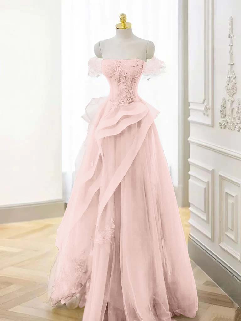 Tulle Off the Shoulder Sleeveless Long Formal Dress With Appliques