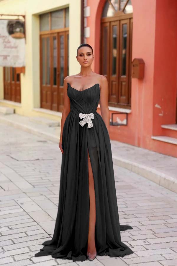 Strapless Sleeveless Long Split Formal Dress With Pleated Beading