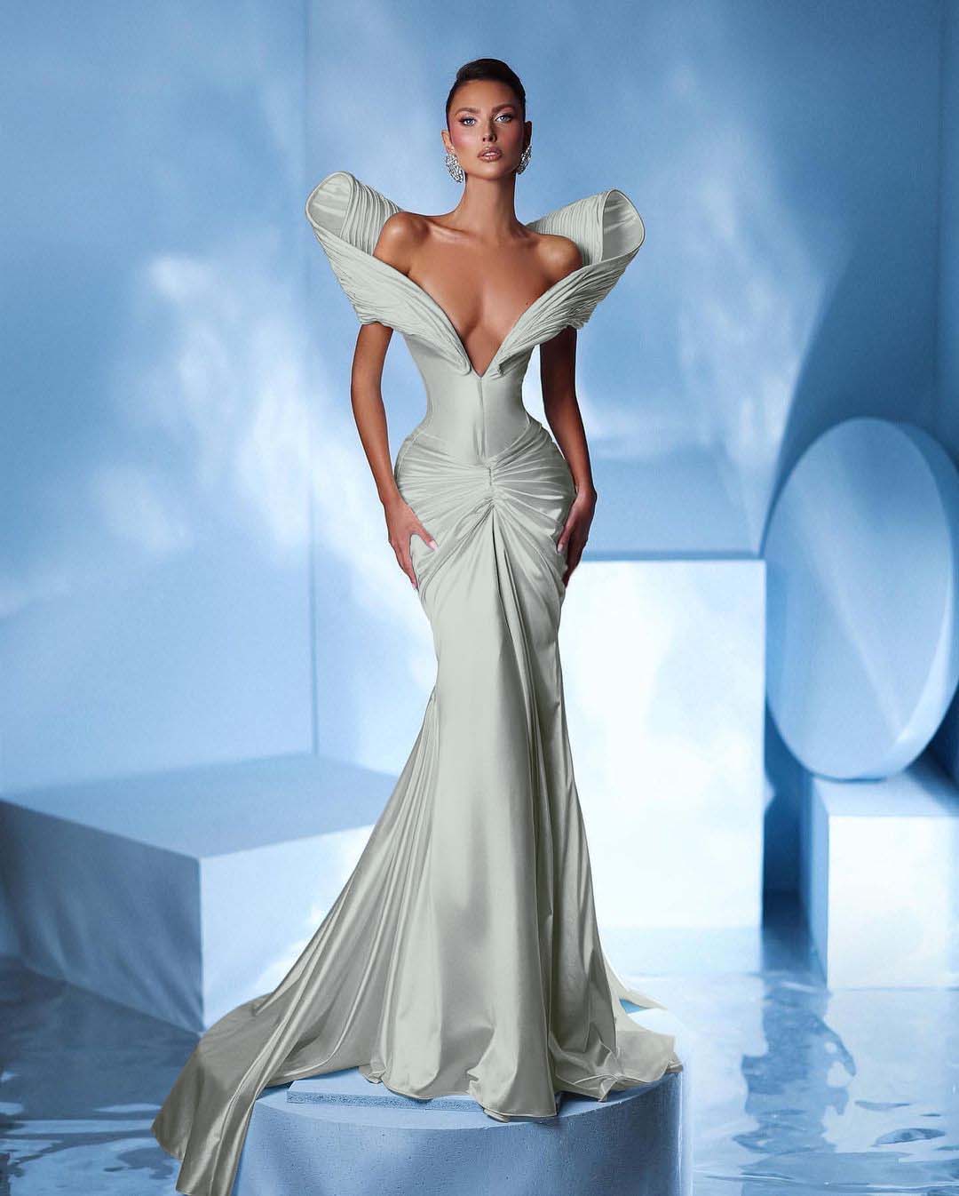 Off the Shoulder Sleeveless Mermaid Long Formal Dress With Pleated
