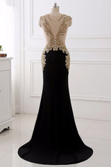 Affordabe V-Neck Sleeveless Mermaid Prom Dresses Gold Appliques with Crystals