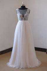 Affordable Appliques Tulle Sleeveless Wedding Dress White A-line Jewel Bridal Gowns On Sale