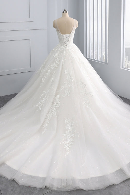 Affordable Ball Gown Jewel Tulle Lace Wedding Dress Ruffles Sleeveless Appliques Bridal Gowns Online