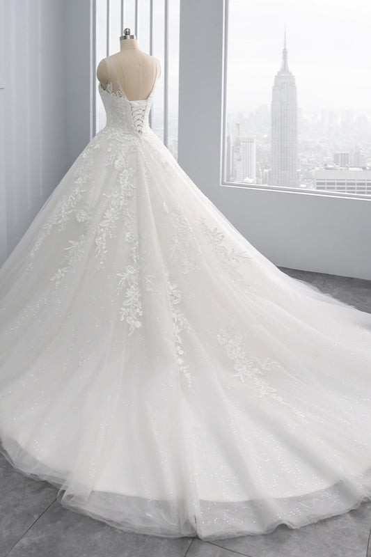 Affordable Ball Gown Jewel Tulle Lace Wedding Dress Ruffles Sleeveless Appliques Bridal Gowns Online