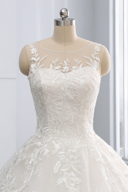Affordable Ball Gown Jewel Tulle Lace Wedding Dress Ruffles Sleeveless Appliques Bridal Gowns Online