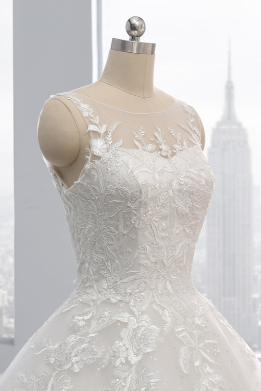 Affordable Ball Gown Jewel Tulle Lace Wedding Dress Ruffles Sleeveless Appliques Bridal Gowns Online
