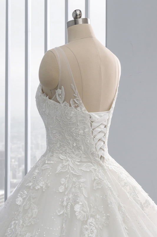 Affordable Ball Gown Jewel Tulle Lace Wedding Dress Ruffles Sleeveless Appliques Bridal Gowns Online