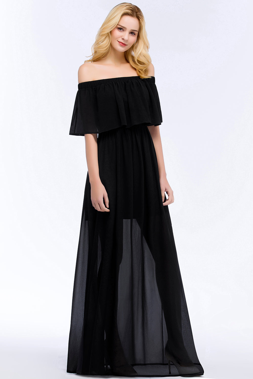 Affordable Black Off-the-shoulder Long Chiffon Bridesmaid Dress Online