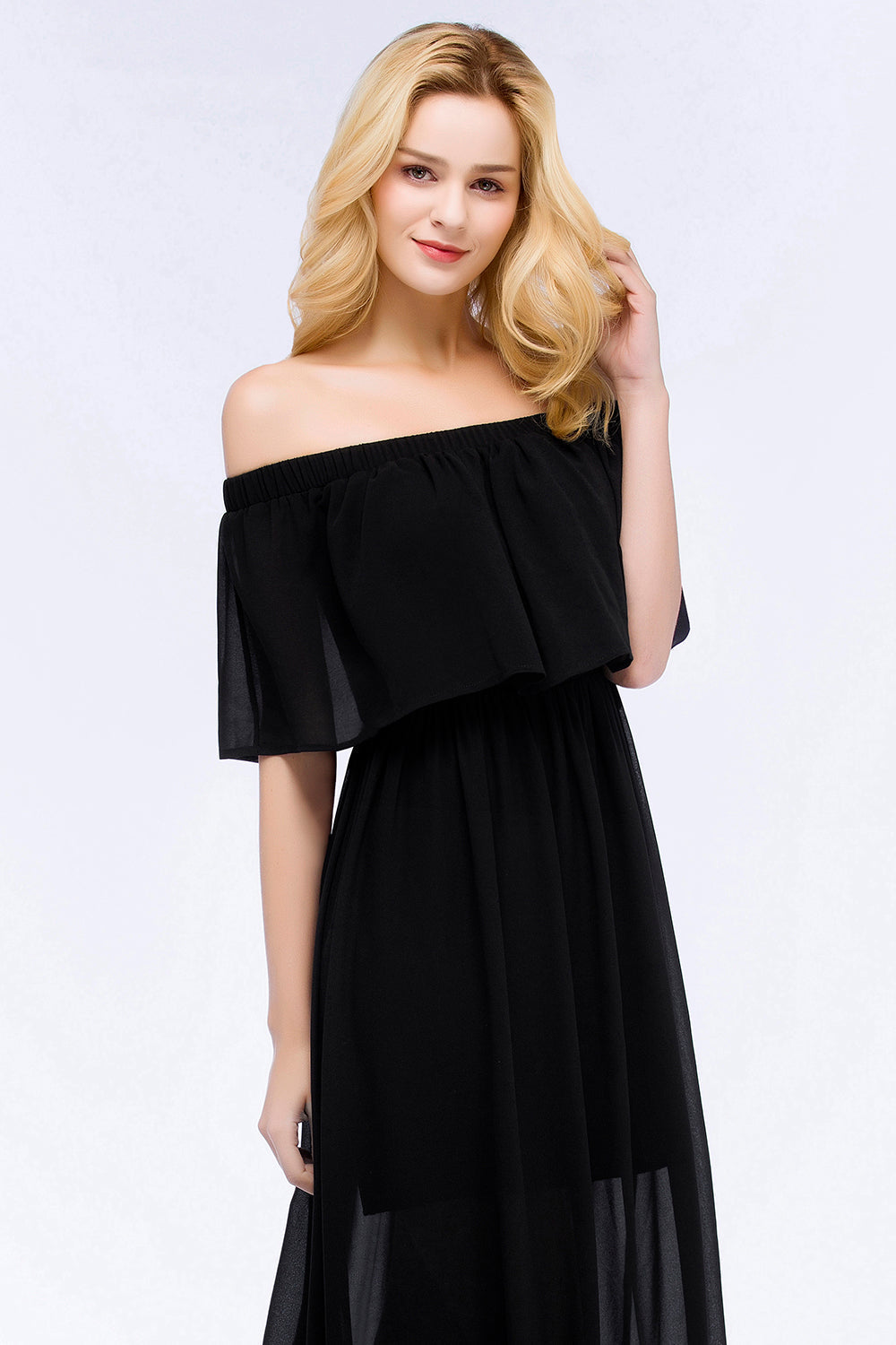 Affordable Black Off-the-shoulder Long Chiffon Bridesmaid Dress Online