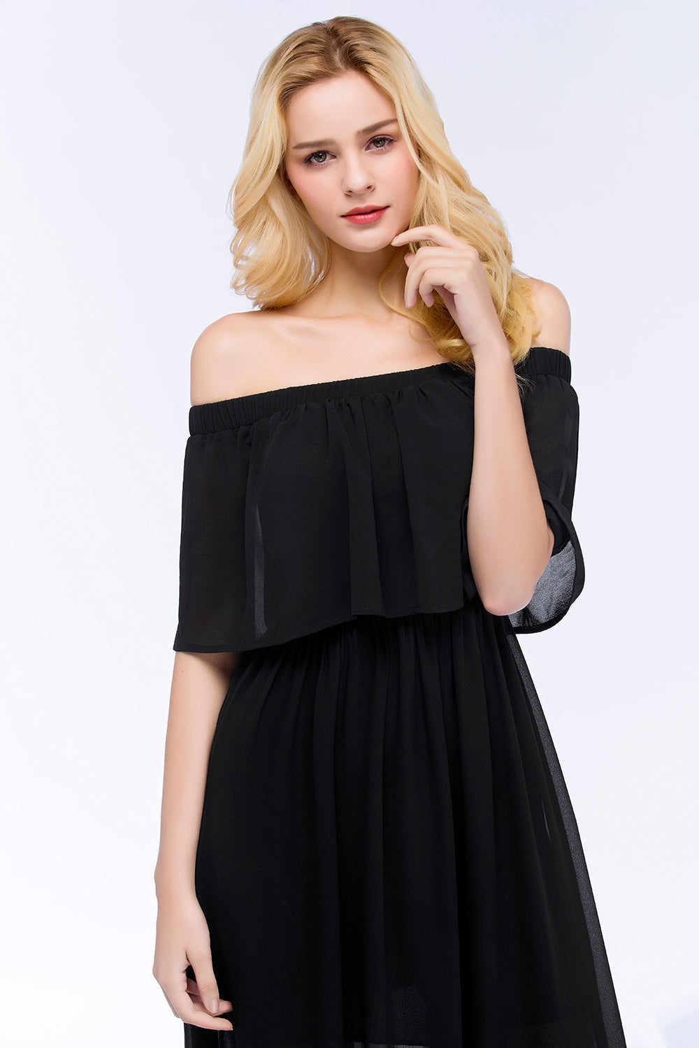 Affordable Black Off-the-shoulder Long Chiffon Bridesmaid Dress Online