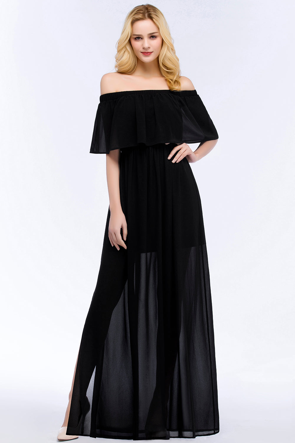 Affordable Black Off-the-shoulder Long Chiffon Bridesmaid Dress Online