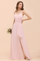 Affordable Blushing Pink Spaghetti Straps Ruffle Bridesmaid Dress