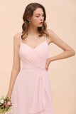 Affordable Blushing Pink Spaghetti Straps Ruffle Bridesmaid Dress