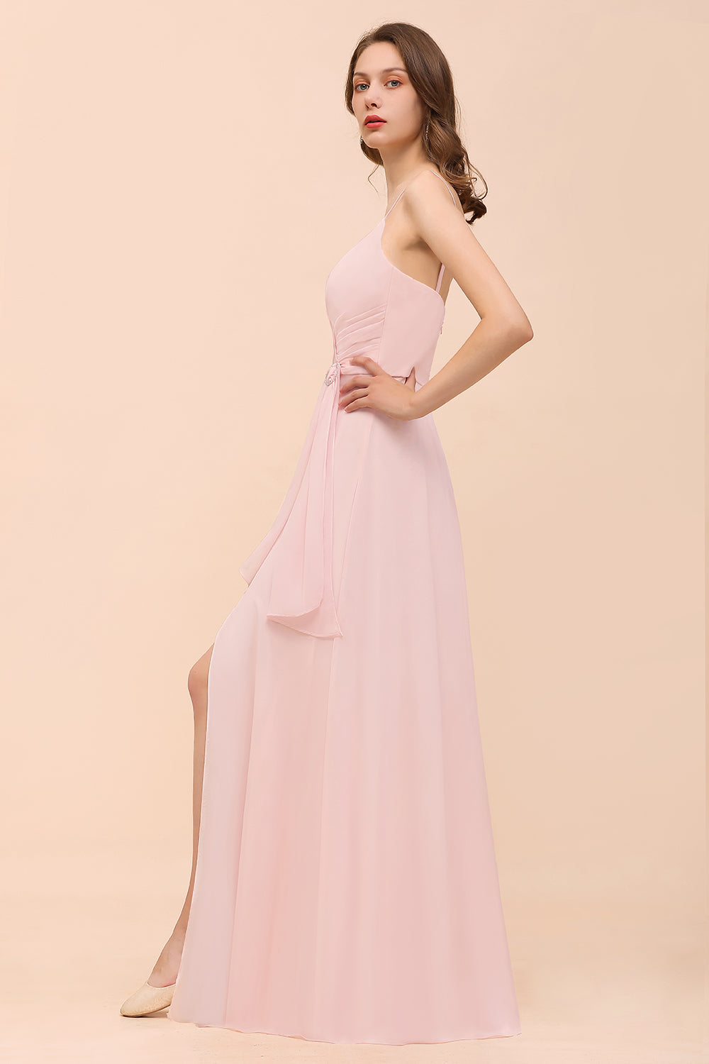 Affordable Blushing Pink Spaghetti Straps Ruffle Bridesmaid Dress