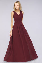 Affordable Burgundy V-Neck Ruffle Bridesmaid Dresses with Lace-Back