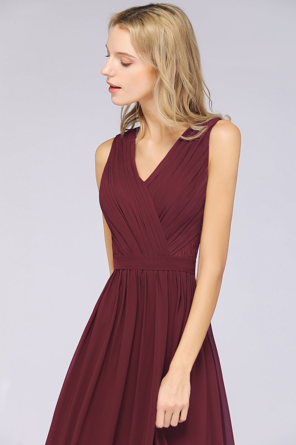 Affordable Burgundy V-Neck Ruffle Bridesmaid Dresses with Lace-Back