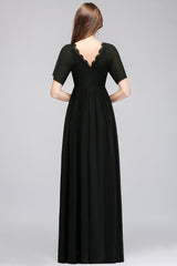 Affordable Chiffon Black V-Neck Bridesmaid Dresses with Short-Sleeves
