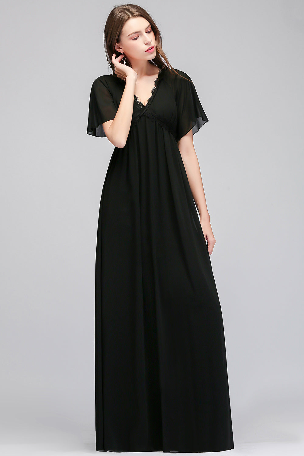 Affordable Chiffon Black V-Neck Bridesmaid Dresses with Short-Sleeves