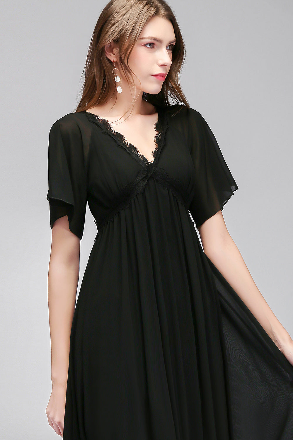 Affordable Chiffon Black V-Neck Bridesmaid Dresses with Short-Sleeves