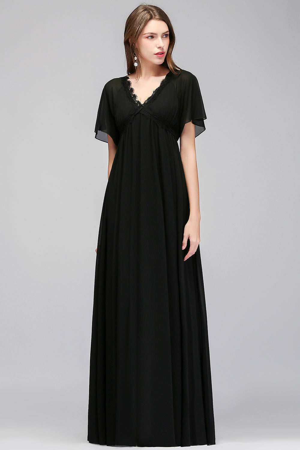 Affordable Chiffon Black V-Neck Bridesmaid Dresses with Short-Sleeves