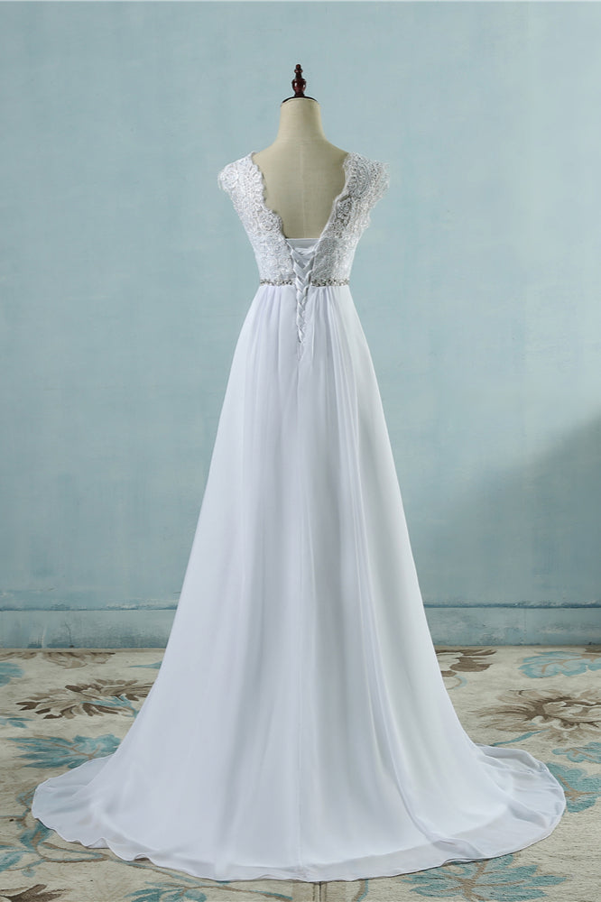 Affordable Chiffon Jewel Lace Ruffles Wedding Dress Sleeveless Appliques Bridal Gowns with Beading Sash