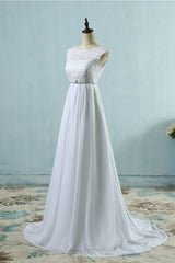 Affordable Chiffon Jewel Lace Ruffles Wedding Dress Sleeveless Appliques Bridal Gowns with Beading Sash