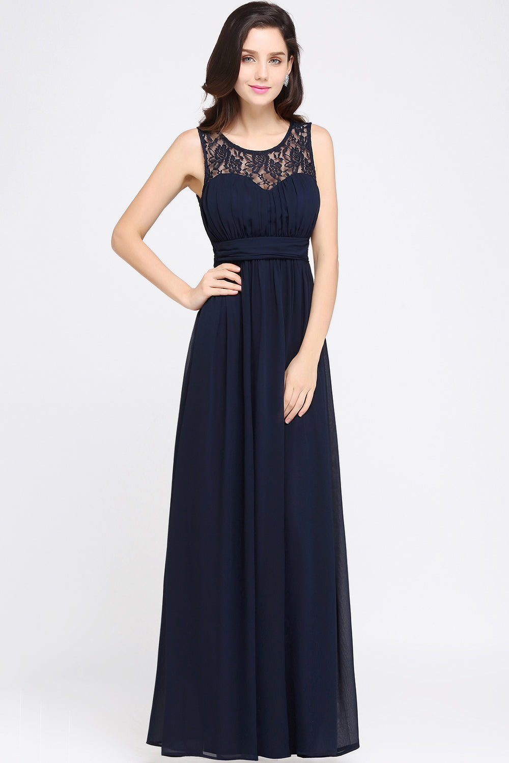 Affordable Chiffon Jewel Sleeveless Lace Bridesmaid Dress Online with Ruffle