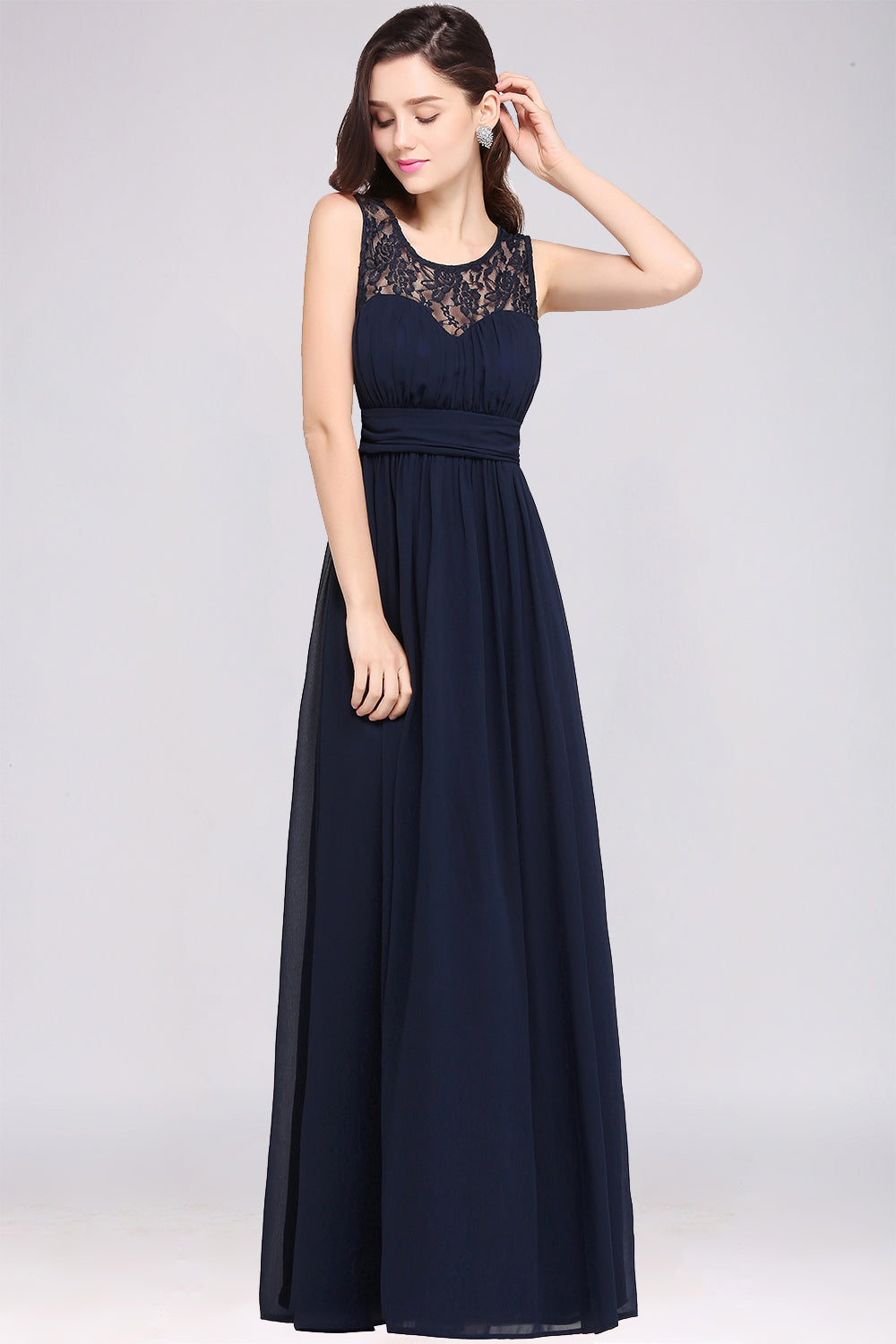 Affordable Chiffon Jewel Sleeveless Lace Bridesmaid Dress Online with Ruffle