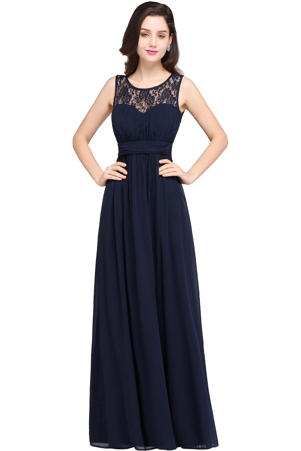 Affordable Chiffon Jewel Sleeveless Lace Bridesmaid Dress Online with Ruffle