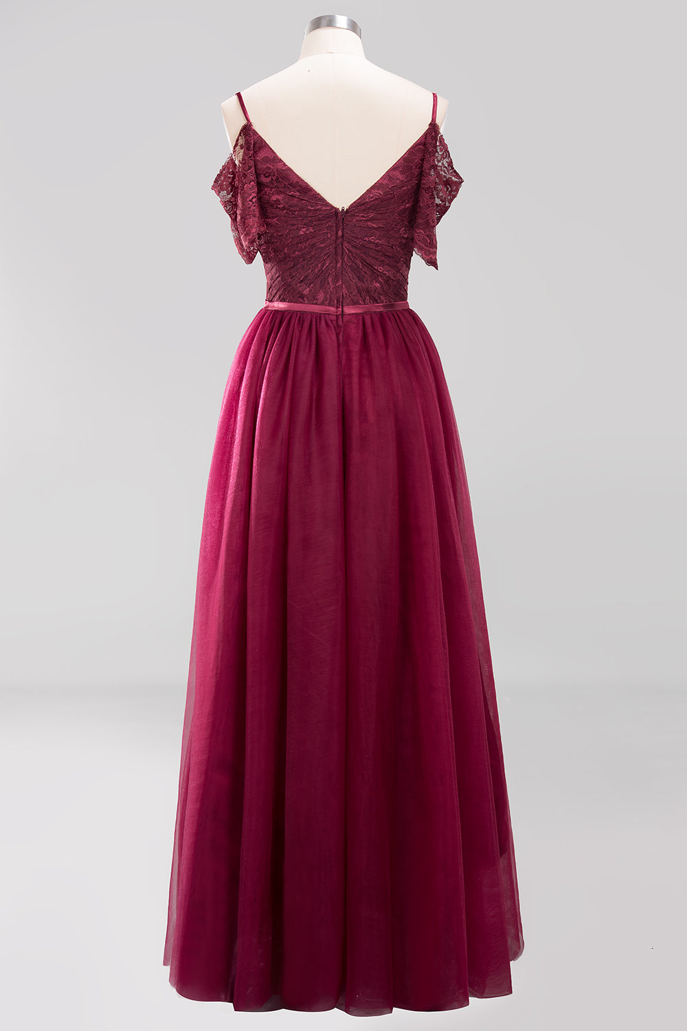 Affordable Chiffon Off-the-Shoulder Burgundy Lace Bridesmaid Dresses