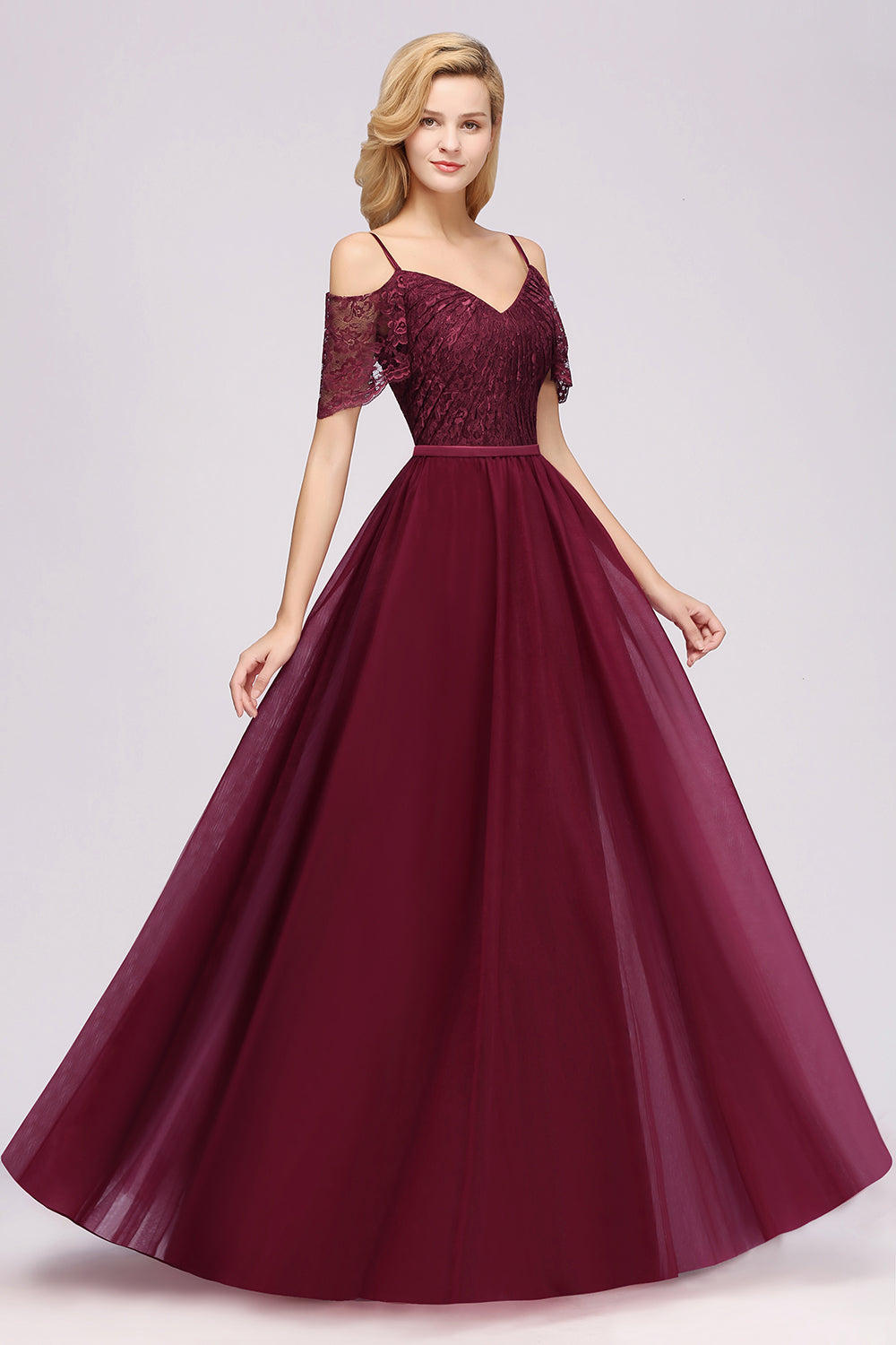 Affordable Chiffon Off-the-Shoulder Burgundy Lace Bridesmaid Dresses
