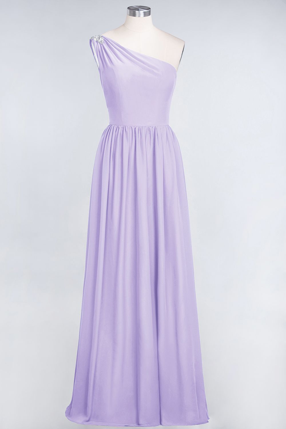 Affordable Chiffon One-Shoulder Ruffle Bridesmaid Dress with Beadings