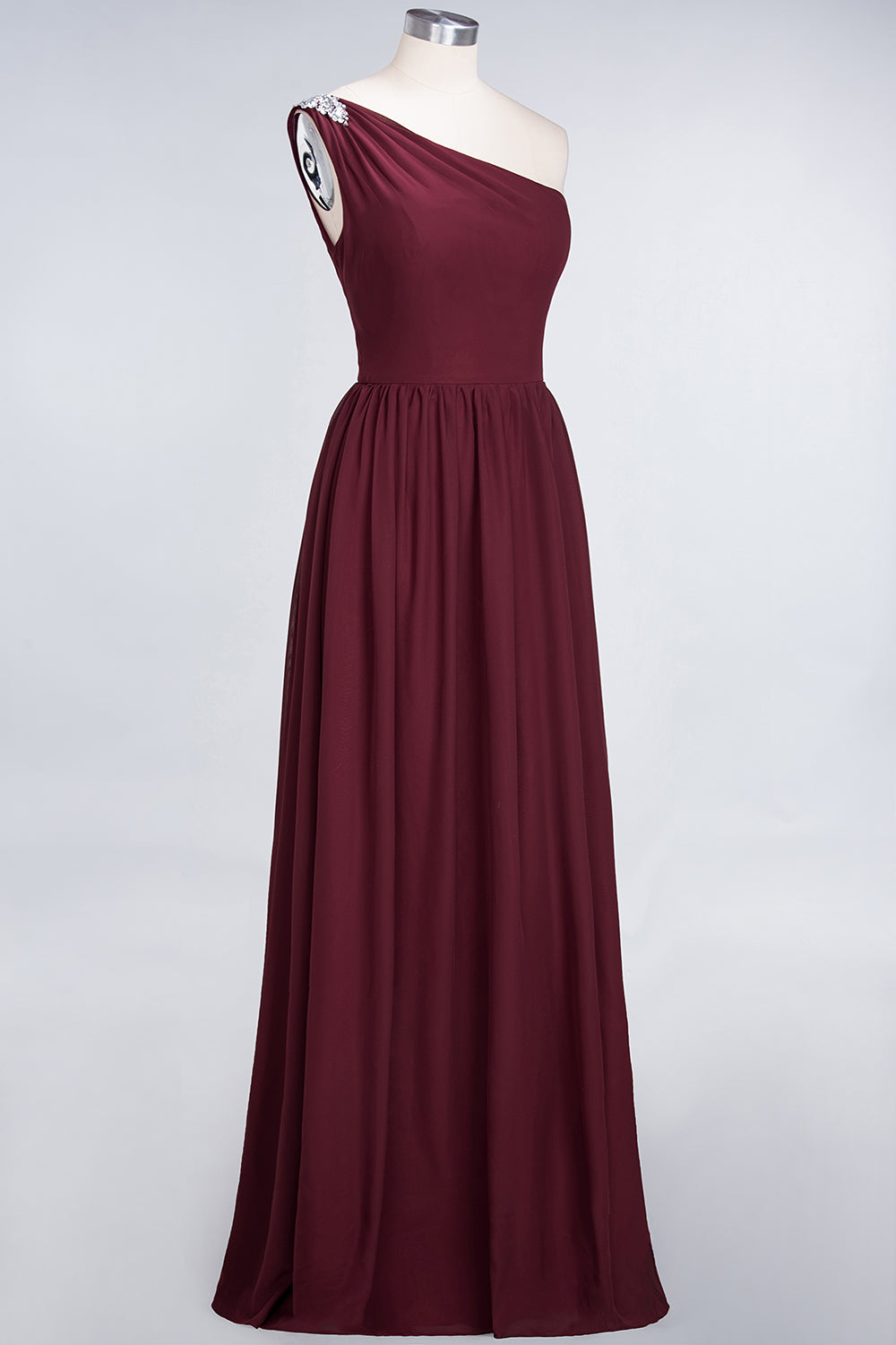 one shoulder ruffle bridesmaid dress Lorielle One-Shoulder Ruffle Trim Maxi Dress Wine
