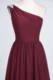 Affordable Chiffon One-Shoulder Ruffle Bridesmaid Dress with Beadings