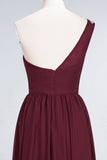 Affordable Chiffon One-Shoulder Ruffle Bridesmaid Dress with Beadings