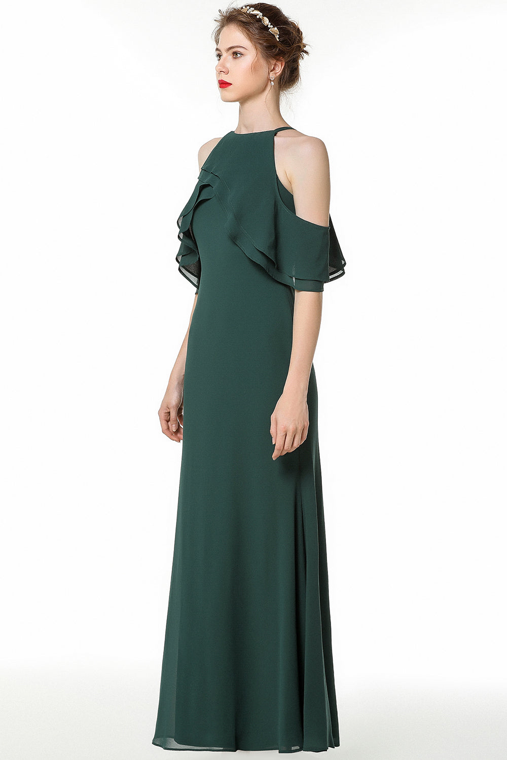 Affordable Cold-shoulder Ruffle Dark Green Bridesmaid Dresses Online