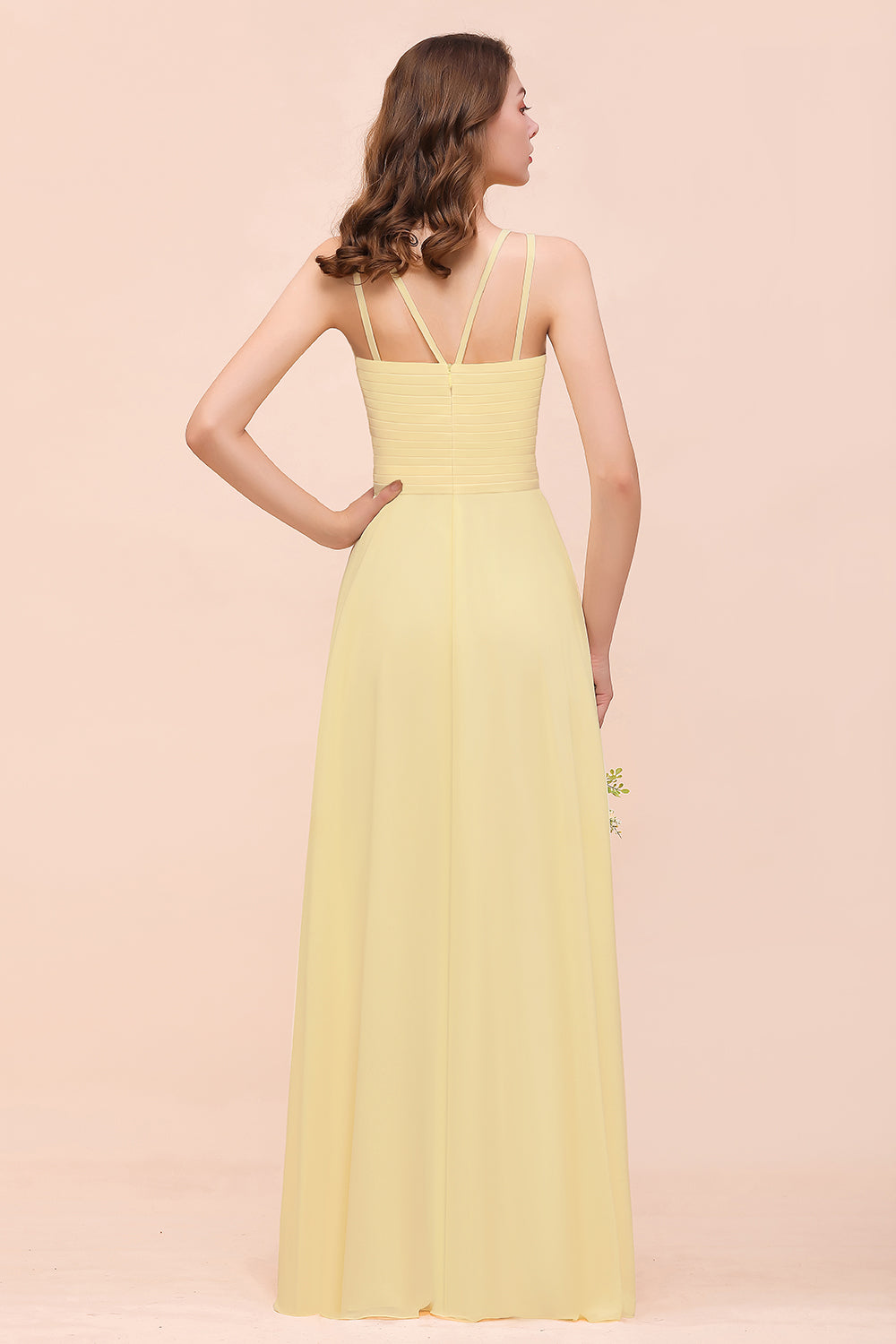 Affordable Daffodil Chiffon Sleeveless Long Bridesmaid Dress with Ruffle