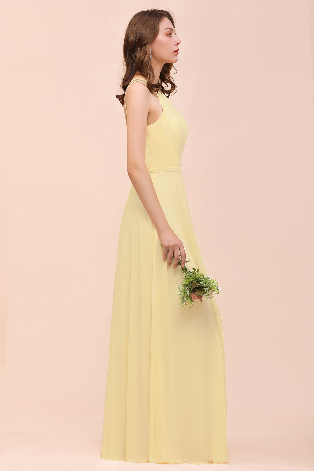Affordable Daffodil Chiffon Sleeveless Long Bridesmaid Dress with Ruffle