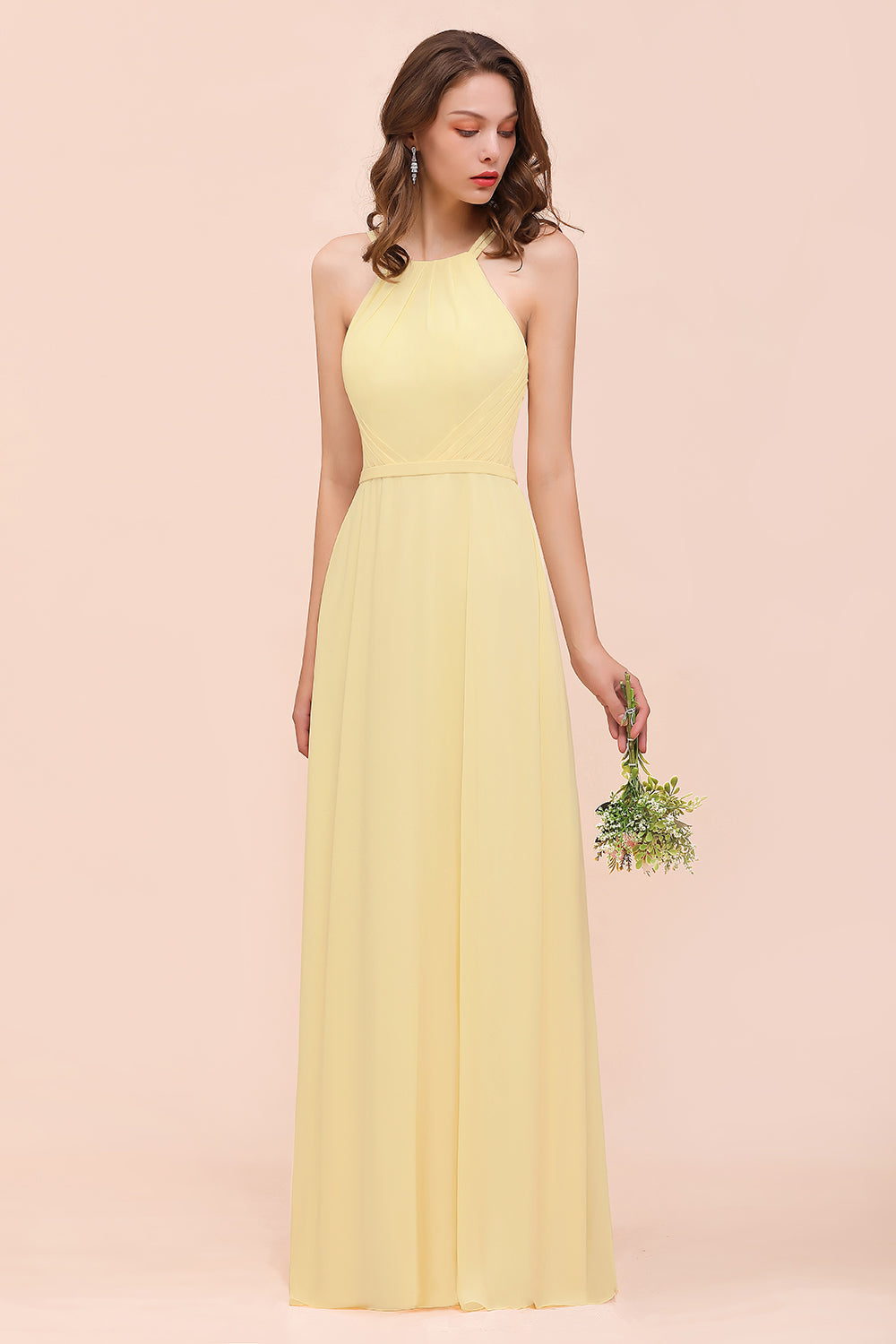 Affordable Daffodil Chiffon Sleeveless Long Bridesmaid Dress with Ruffle