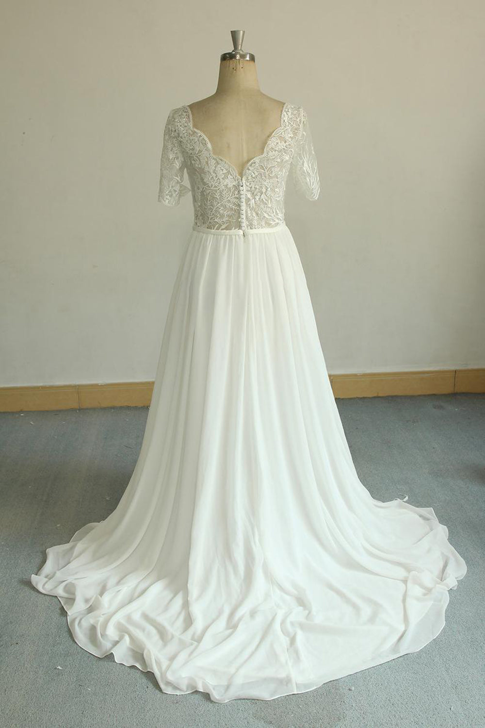 Affordable Halfsleeves V-neck Chiffon Wedding Dresses White A-line Ruffles Bridal Gowns Online